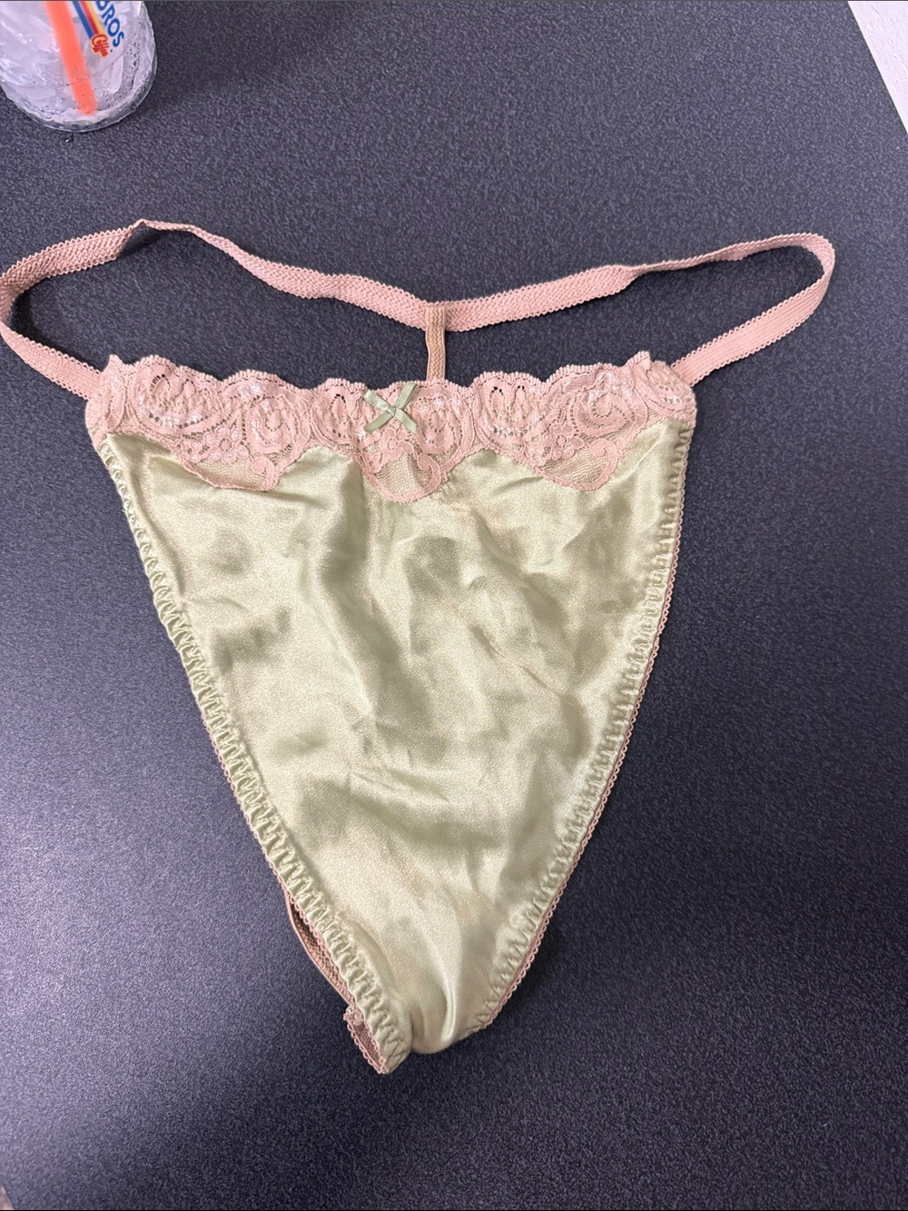 Xhilaration Satin Thong Panty in Sage Green with Blush Lace